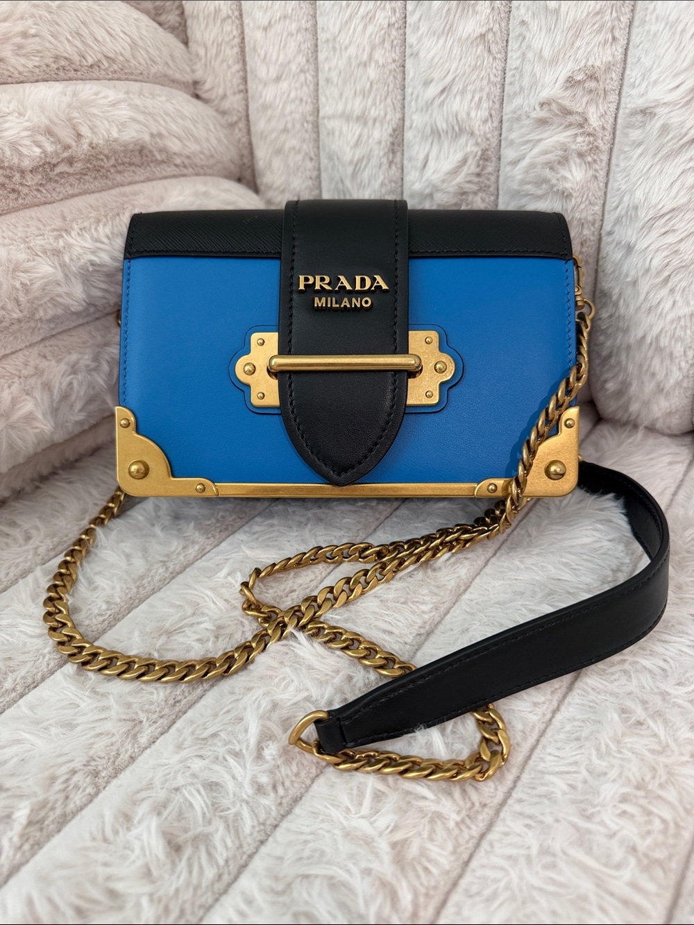 Prada 2019 Cashier Bag Blue and Black Leather Crossbody with Gold Hardware